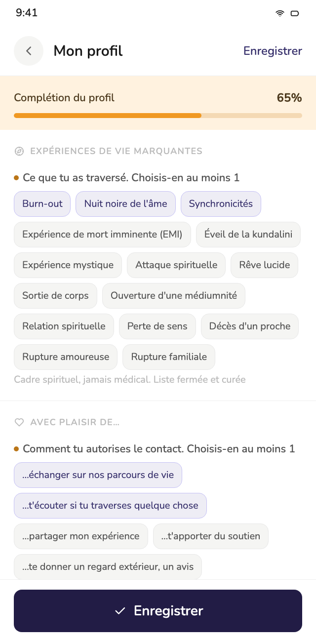 Écran de l'app : le choix des expériences de vie sur son profil