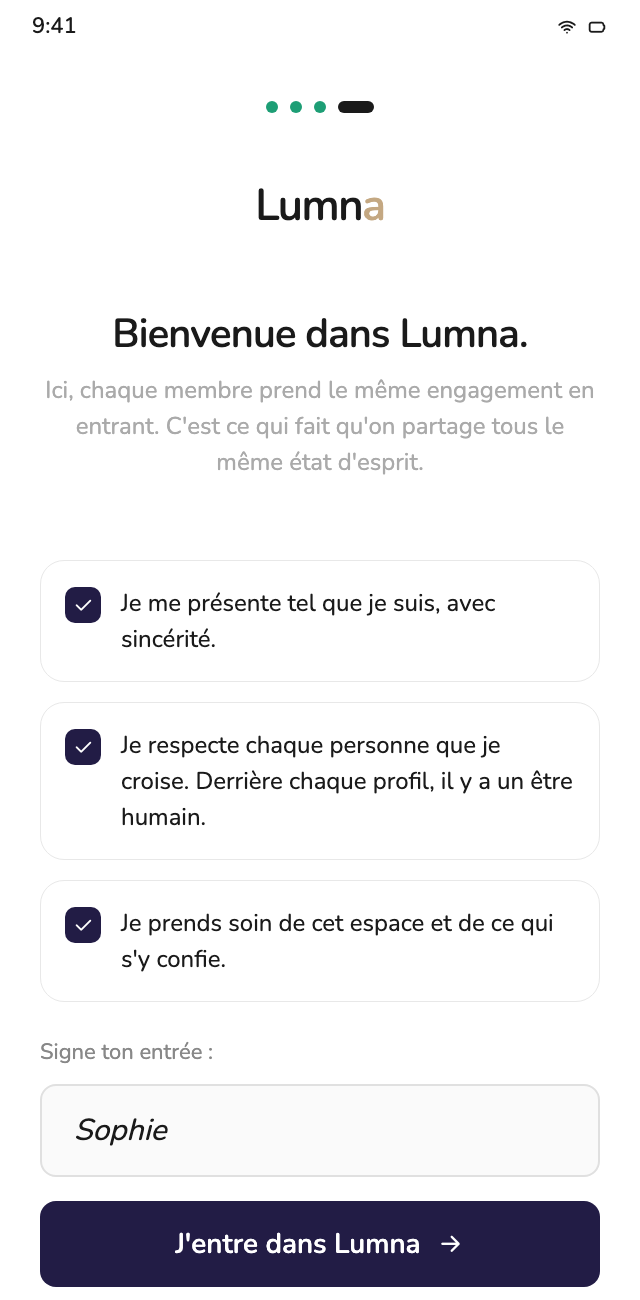 Écran de l'app : le pacte communautaire à signer en entrant